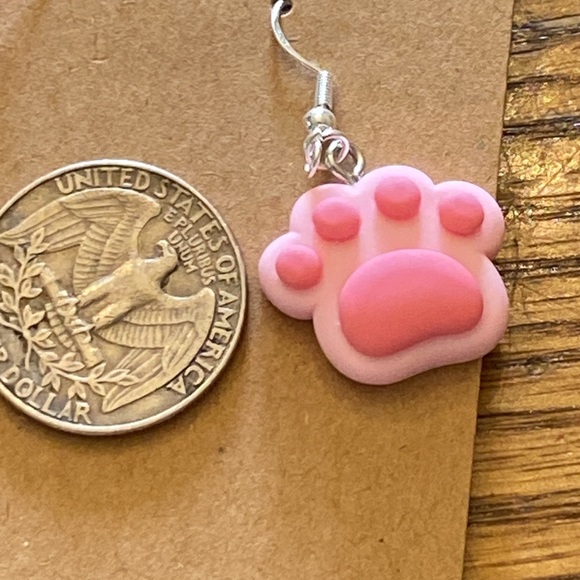 Light pink and hot pink dog paw earrings with silver wires and random gift bag - Picture 4 of 5